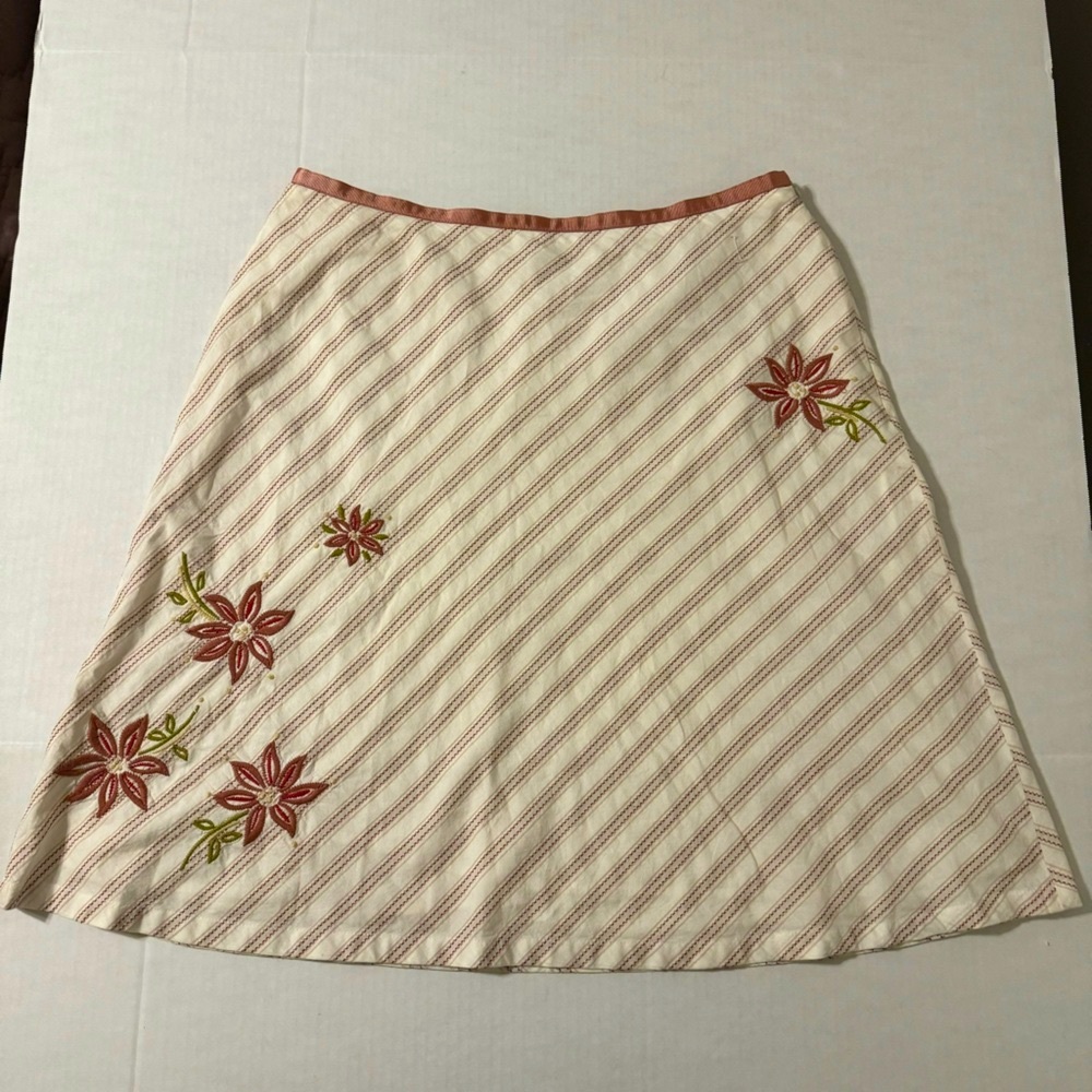 J Jill Womens Linen Embroidered Midi Skirt Size 16 Cream & Floral Zip Pockets